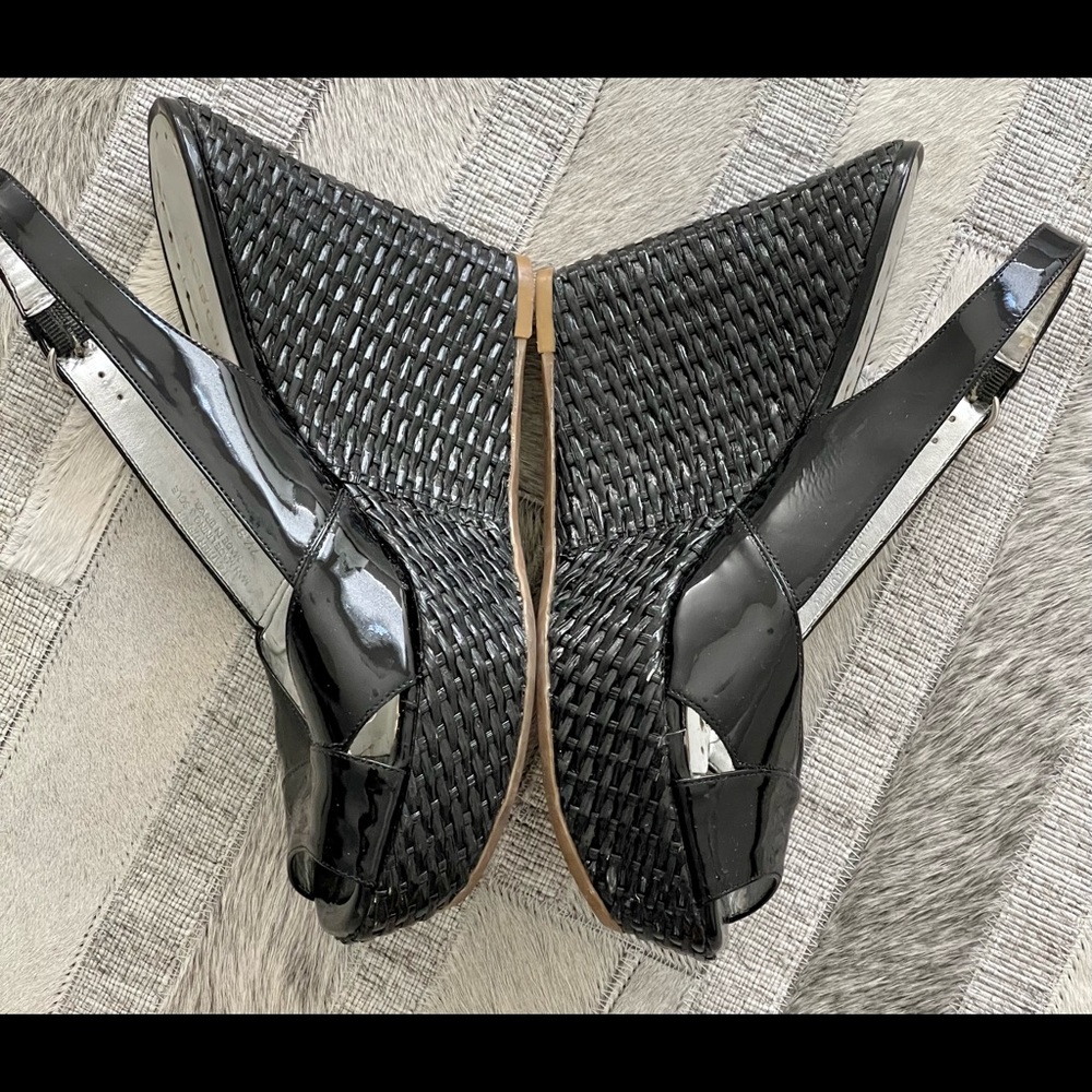BCBG Black Patent Wedge Sandals